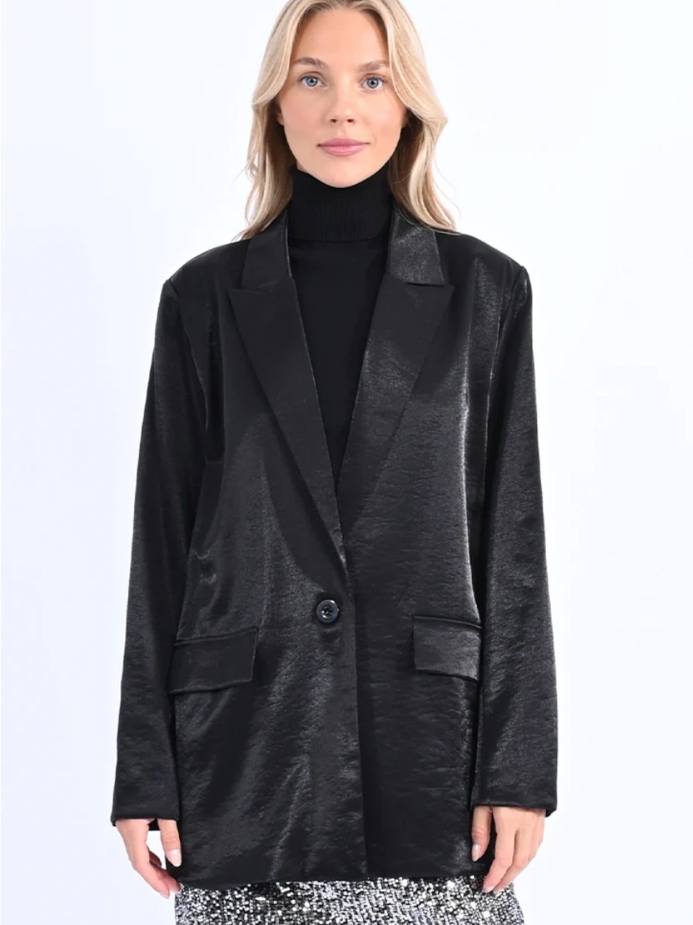 MOLLY BRACKEN women’s Shimmering Black Silky Blazer Jacket Size Small new years